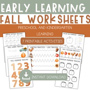 Autumn Preschool Learning Pack - Fall Preschool Worksheets - Fall Letter Tracing - Fall Kindergarten Worksheet - Kindergarten Prep Sheets
