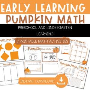 May include: A printable set of 7 pumpkin-themed math activities for preschool and kindergarten. The activities include shape matching, measuring, and estimation.