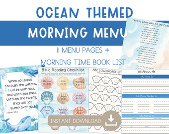 Ocean Themed Morning Menu Printable with Worksheets - Charlotte Mason Summer Morning Menu - Morning Menu for Kindergarten - Summer Christian