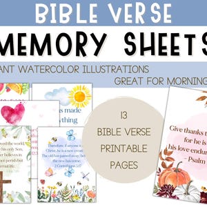 Pode incluir: Um conjunto de 13 folhas imprimíveis de versículos bíblicos para memorizar com vibrantes ilustrações em aquarela. As folhas apresentam vários versículos bíblicos e desenhos florais coloridos. O texto nas folhas inclui "Mas o fruto do Espírito é amor, alegria, paz, paciência, benignidade, bondade, fé", "Porque Deus amou o mundo de tal maneira que deu o seu Filho unigênito, para que todo aquele que nele crê não pereça, mas tenha a vida eterna", "é feito novo", "De sorte que, se alguém está em Cristo, nova criatura é; as coisas velhas passaram; eis que tudo se fez novo", e "Dai graças ao Senhor, porque ele é bom; porque a sua misericórdia dura para sempre. - Salmo 107:1".