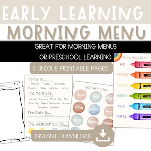 Early Learning Morning Menu - Christian Preschool - Morning Menu for Preschool - Morning Basket Printables - Bible Verse for Kids