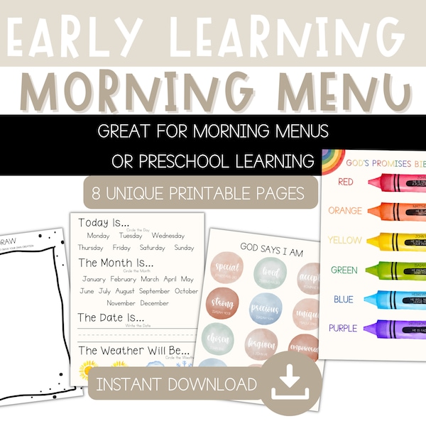 Early Learning Morning Menu - Christian Preschool - Morning Menu for Preschool - Morning Basket Printables - Bible Verse for Kids