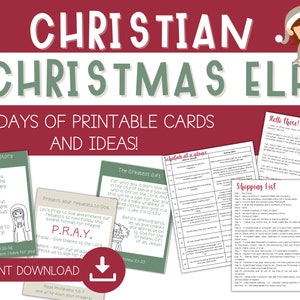 Paquete imprimible de elfos navideños cristianos - Tarjetas navideñas con versículos bíblicos para elfos navideños - Actividades navideñas centradas en Jesús para niños
