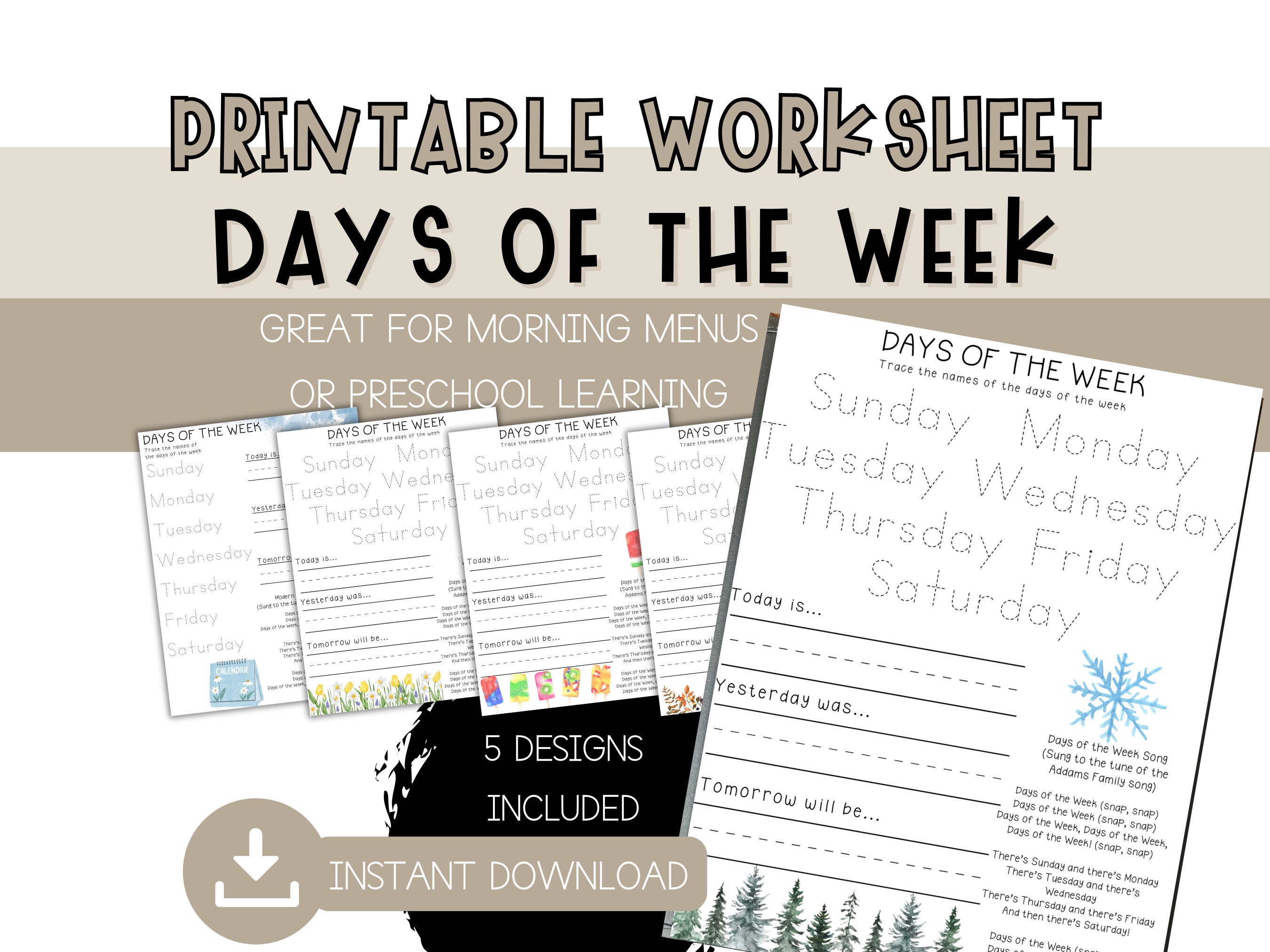 Days of the Week Preschool Worksheets - Morning Menu for Fall - Morning Menu for Winter - Days of the Week Morning Menu Tracing Sheets -