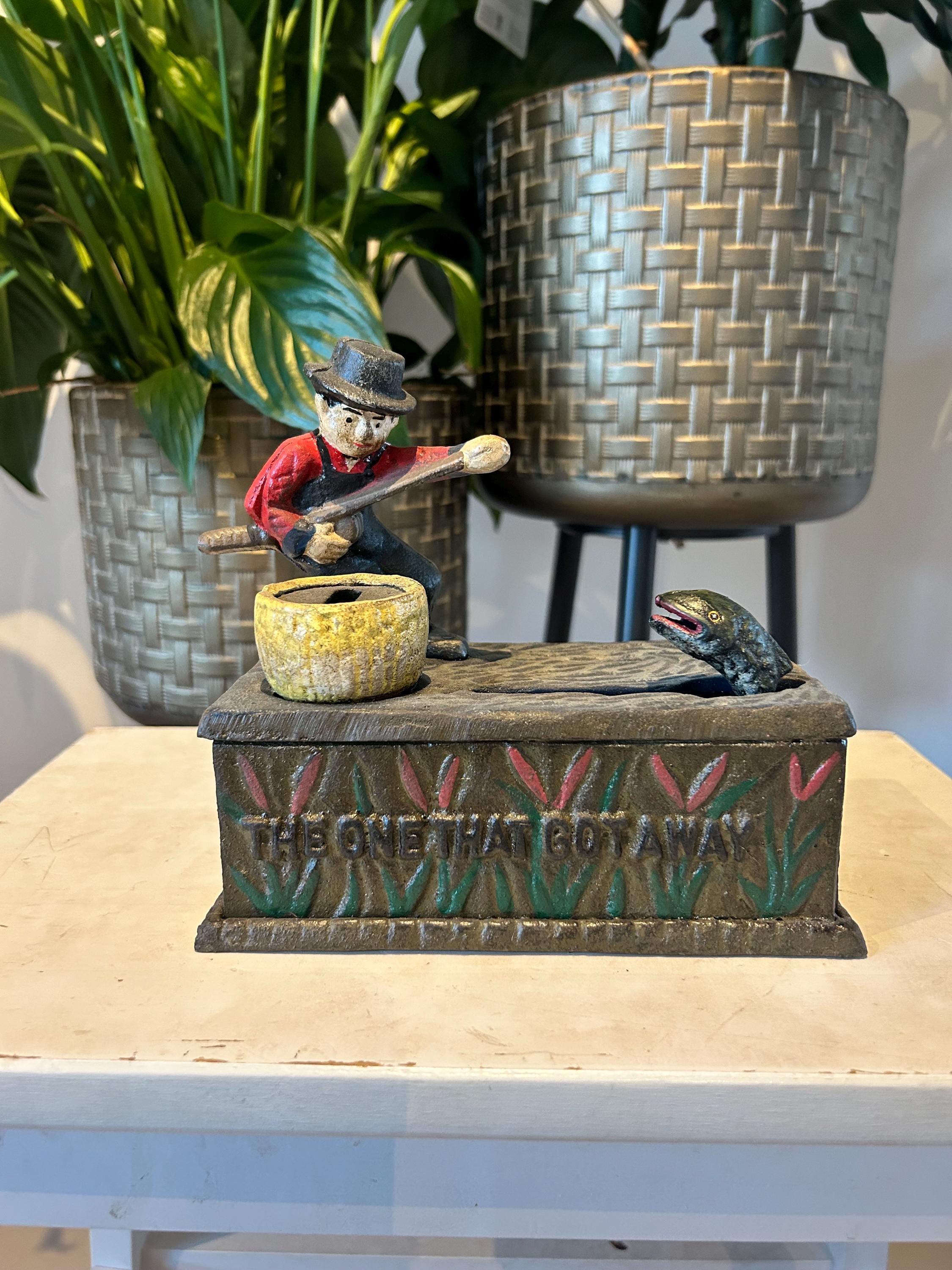 Cast Iron Mechanical Bank - Handler With Fish - Vintage Money Box - Etsy  India