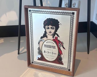 May include: A framed vintage print featuring a woman with dark hair and a red bird. The print has the words "BEAUTY PRESERVER" and "Miss Sweet Temper" in a decorative oval. The frame is a warm brown color.