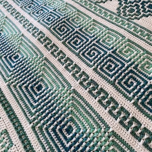 Puede incluir: Una manta de ganchillo hecha a mano con un patrón geométrico en tonos de verde azulado, verde y blanco. El diseño incluye cuadrados repetidos y bordes de grecas, creando un textil texturizado y visualmente atractivo.