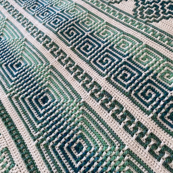 Kalimera-overlay mozaïek gehaakte deken Afghaans patroon Griekse toetsen in het Engels