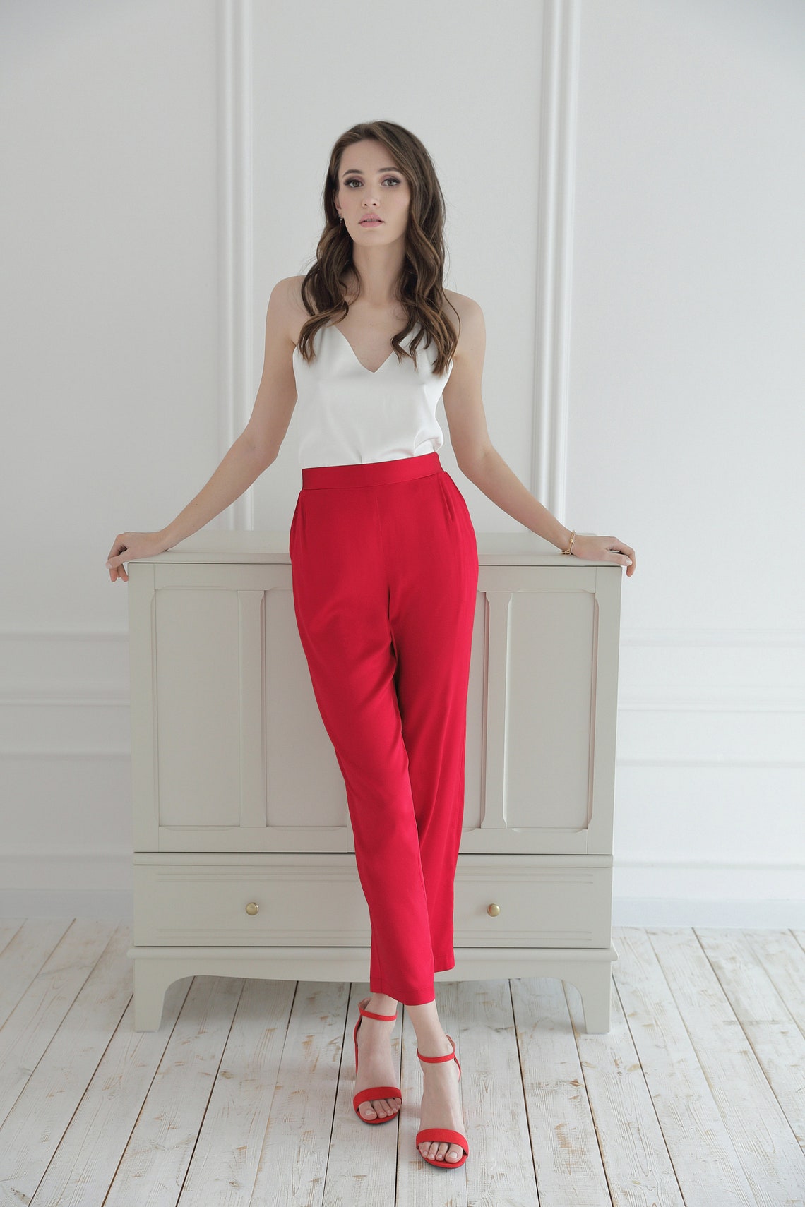 Cheery red natural silk slimming pants / High-waisted tapered | Etsy