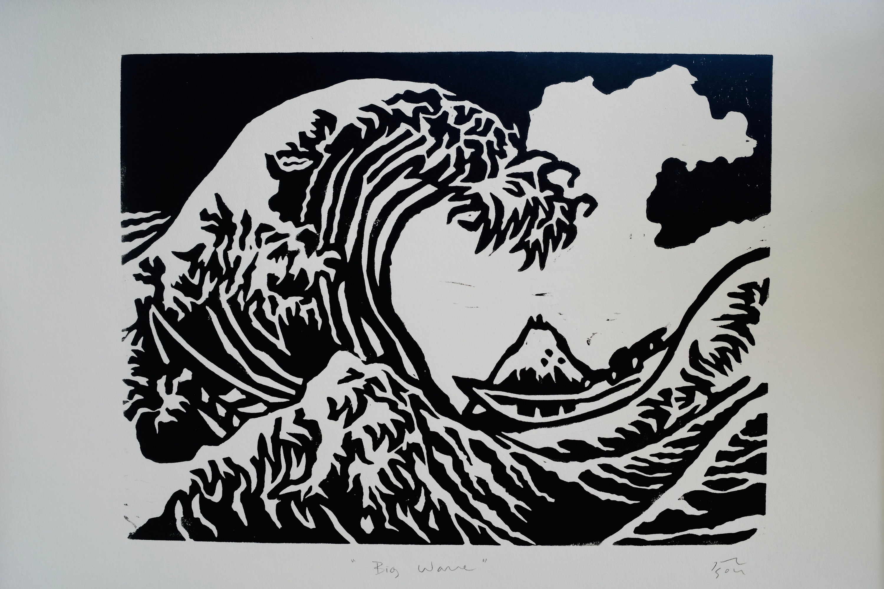 Big Wave Linocut Original Print A4 Size Etsy