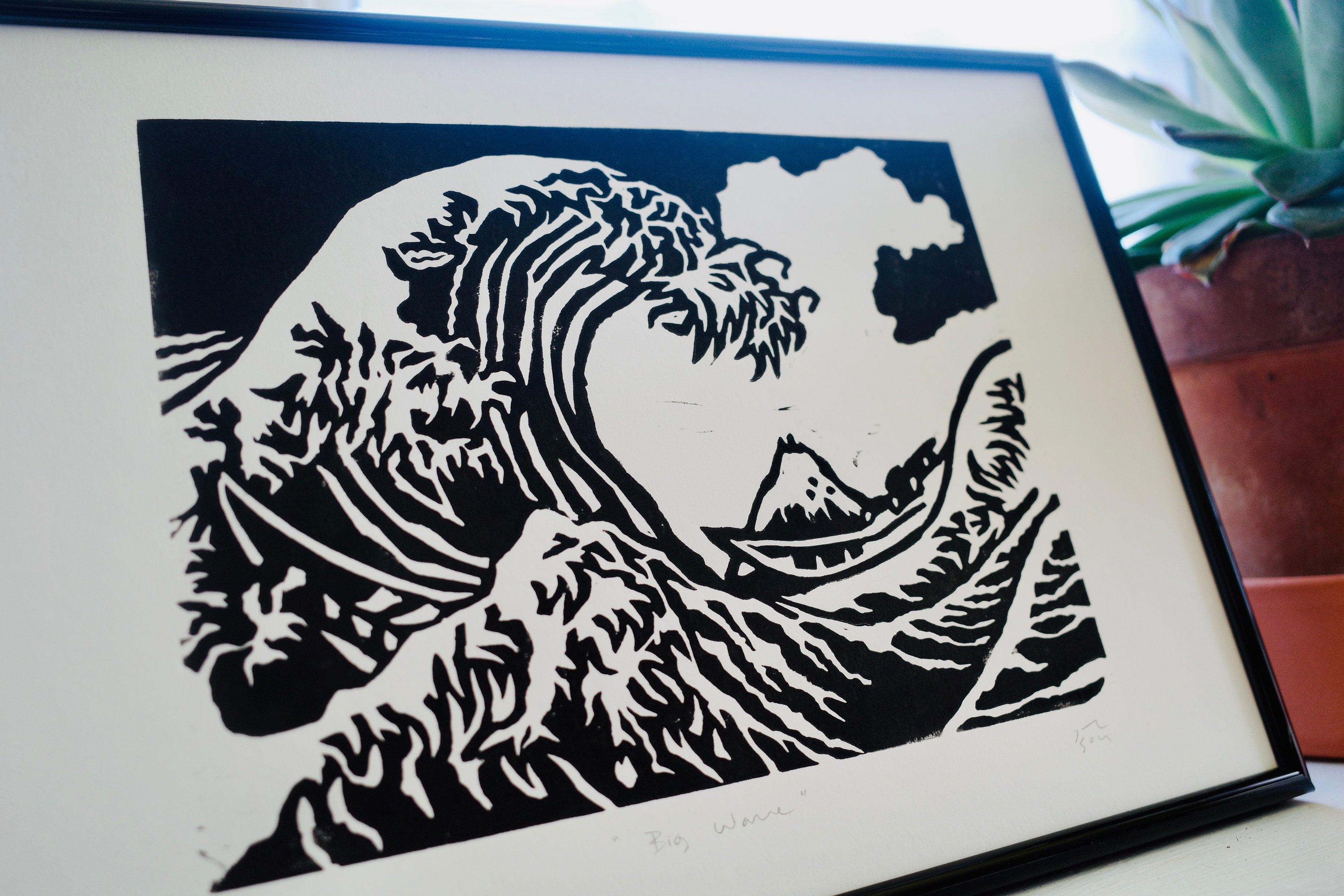 Big Wave Linocut Original Print A4 Size Etsy