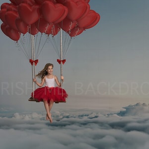 Swing In Sky Red Heart Balloons, Valentines Swing  Digital Backdrop
