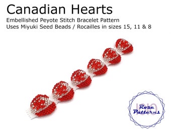 Canadian Hearts Embellished Peyote Bracelet Pattern (Miyuki Seed Beads Sizes 8, 11 and 15 Odd Count)