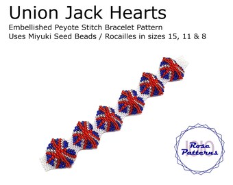 Union Jack Hearts Embellished Peyote Bracelet Pattern (Miyuki Seed Beads Sizes 8, 11 and 15 Odd Count)