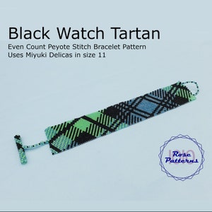 May include: Black Watch Tartan peyote stitch bracelet pattern. The bracelet is made with Miyuki Delicas size 11 beads and features a black, green, and blue color scheme.