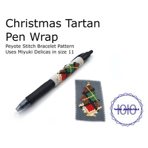 May include: A beaded pen wrap featuring a Christmas tartan design. The pen wrap is crafted using Miyuki Delicas beads in size 11. The pattern incorporates red, green, white, and gold beads. The pen wrap is a peyote stitch bracelet pattern.