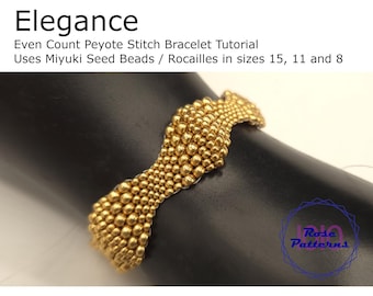 Elegance Peyote Bracelet Tutorial (Miyuki Seed Beads Sizes 8, 11 and 15 Even Count Peyote)