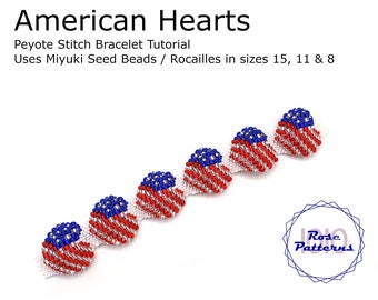 American Hearts Peyote Bracelet Tutorial (Miyuki Seed Beads Sizes 8, 11 and 15 Odd Count)