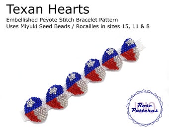 Texan Hearts Embellished Peyote Bracelet Pattern (Miyuki Seed Beads Sizes 8, 11 and 15 Odd Count)