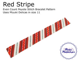 Red Stripe Peyote Bracelet Pattern (Miyuki Delicas Size 11 Even Count)