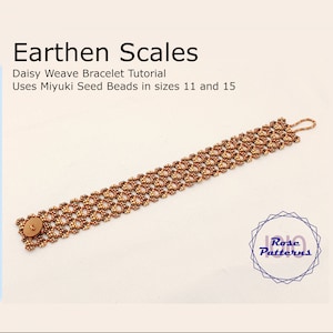 May include: A beaded bracelet with a daisy weave pattern, featuring brown and gold Miyuki seed beads. The bracelet has a button closure and a loop clasp. Text on the image reads "Earthen Scales" and "Daisy Weave Bracelet Tutorial."