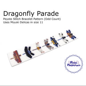 May include: A beaded bracelet pattern featuring a row of colorful dragonflies. The pattern is called "Dragonfly Parade" and is a peyote stitch bracelet pattern using Miyuki Delicas in size 11.
