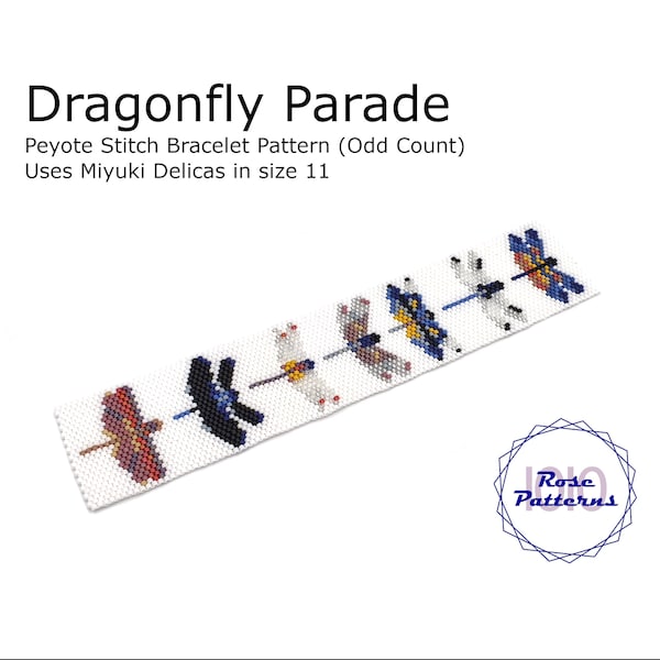 Dragonfly Parade Peyote Bracelet Pattern (Miyuki Delicas Size 11 Odd Count)