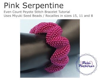 Pink Serpentine Peyote Bracelet Tutorial (Miyuki Seed Beads Sizes 8, 11 and 15 Even Count Peyote)