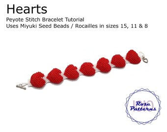 May include: A red and white beaded bracelet with a heart design. The bracelet is made with Miyuki seed beads and is a peyote stitch bracelet tutorial. The text "Hearts" and "Rose Patterns" is visible in the image.
