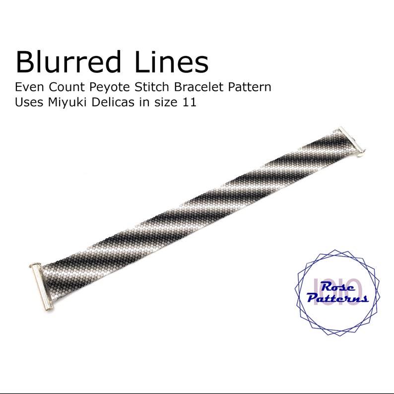 May include: A black and white beaded bracelet with a blurred line pattern. The bracelet is made with Miyuki Delicas size 11 beads and is created using even count peyote stitch. The bracelet is shown with silver clasps.