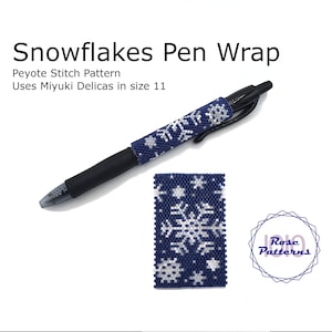 May include: A blue and white beaded pen wrap with a snowflake pattern. The pattern is made with Miyuki Delicas size 11 beads. The pen wrap is a Peyote stitch pattern. The image also includes a close-up of the pattern and the text "Rose Patterns".