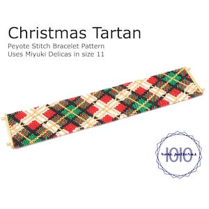 May include: A beaded bracelet with a Christmas tartan pattern. The bracelet is made with Miyuki Delicas in size 11. Peyote Stitch Bracelet Pattern.