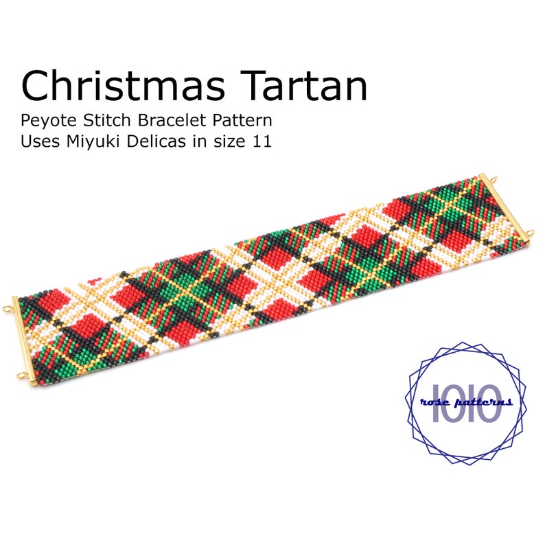 May include: A beaded bracelet with a Christmas tartan pattern. The bracelet is made with Miyuki Delicas in size 11. Peyote Stitch Bracelet Pattern.