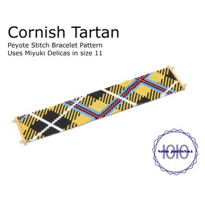 May include: A yellow, black, red and blue beaded bracelet with a tartan pattern. The bracelet is made with Miyuki Delicas in size 11 and is a peyote stitch bracelet pattern.