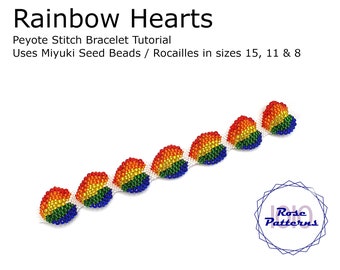Rainbow Hearts Peyote Bracelet Tutorial (Miyuki Seed Beads Sizes 8, 11 and 15 Odd Count)
