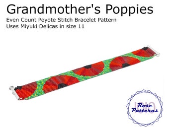 Grandmother's Poppies Peyote Bracelet (Miyuki Delicas Size 11 Even Count)