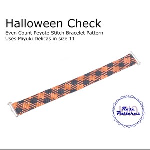 May include: A beaded bracelet with a Halloween-themed pattern. The bracelet features a repeating plaid design in orange and dark gray, with silver clasps on each end. The text "Halloween Check" is at the top.