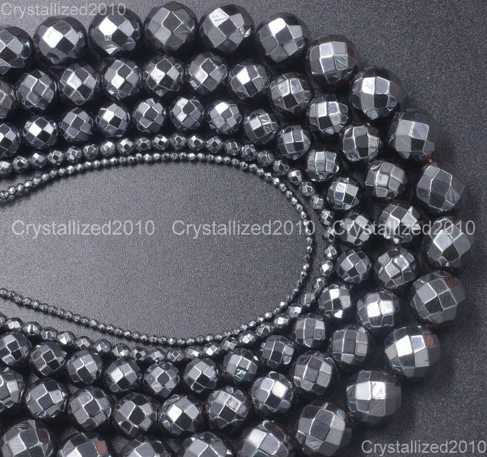 Faceted Natural Jet Black Hematite Gemstone Loose Spacer Round Ball Beads 2mm 3mm 4mm 6mm 8mm 10mm 12mm 15.5" Strand