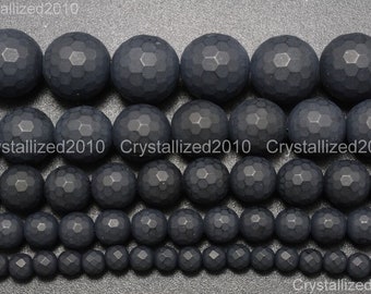 Faceted Matte Natural Black Onyx Gemstones Round Ball Loose Spacer Beads 4mm 5mm 6mm 7mm 8mm 10mm 12mm 14mm 15.5 » Strand