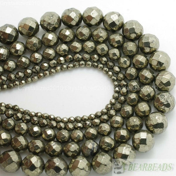 Faceted Natural Iron Pyrite Gemstones Round Ball Loose Spacer Beads 2mm 3mm 4mm 5mm 6mm 8mm 10mm 12mm 14mm 15.5"