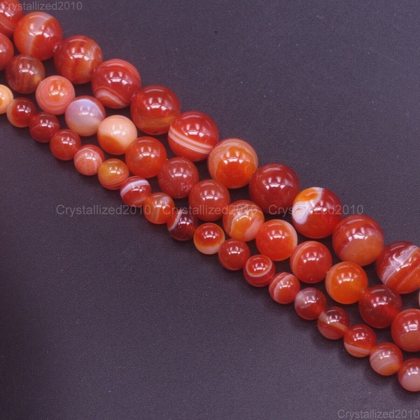 Natural Orange Stripe Agate Gemstones Round Ball Spacer Beads 2mm 3mm 4mm 6mm 8mm 10mm 12mm 15.5" Strand
