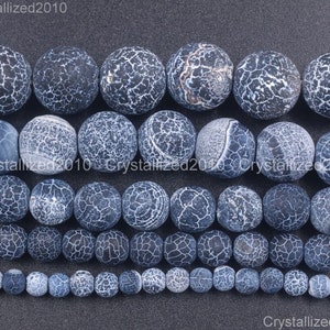 Matte Frosted Natural Black Fire Crackle Agate Gemstones Round Ball Loose Spacer Beads 4mm 6mm 8mm 10mm 12mm 14mm 16mm 15.5&quot;
