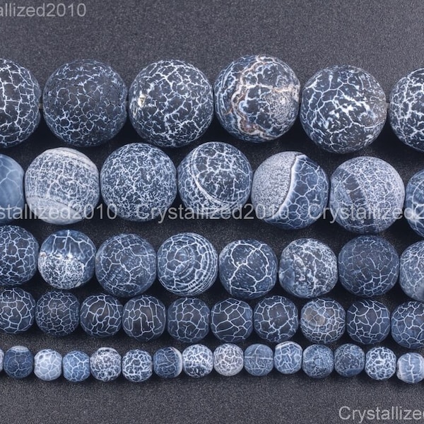 Matte Frosted Natural Black Fire Crackle Agate Gemstones Round Ball Loose Spacer Beads 4mm 6mm 8mm 10mm 12mm 14mm 16mm 15.5"