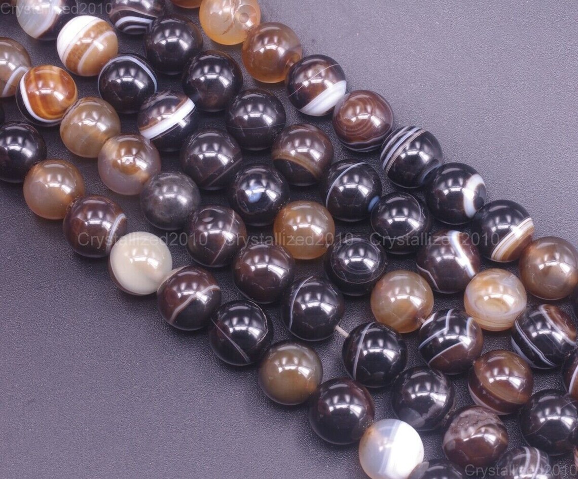Natural Brown Stripe Agate Gemstones Round Ball Spacer Loose Etsy