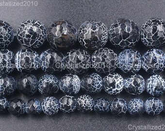 Faceted Natural Black Fire Crackle Agate Gemstones Round Ball Loose Spacer Beads 4mm 6mm 8mm 10mm 12mm 14mm 16mm 15.5&quot; Strand