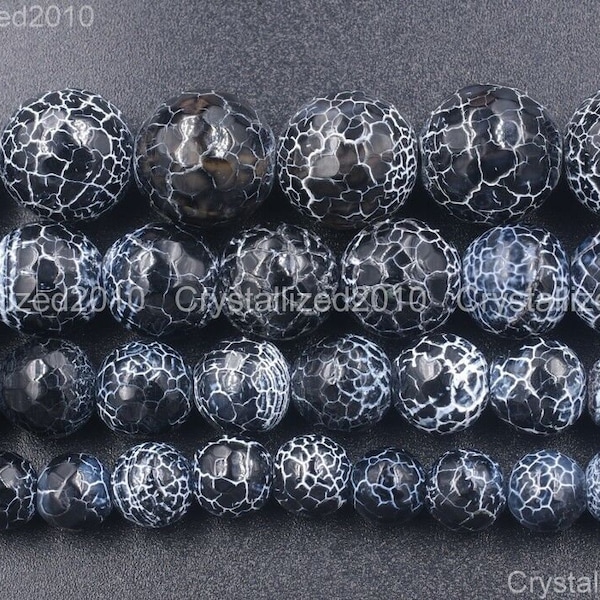 Faceted Natural Black Fire Crackle Agate Gemstones Round Ball Loose Spacer Beads 4mm 6mm 8mm 10mm 12mm 14mm 16mm 15.5" Strand