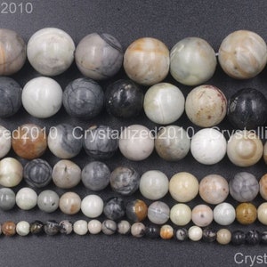 Natural Black Marble Gray Picasso Jasper Gemstones Round Ball Spacer Beads 4mm 6mm 8mm 10mm 12mm 15.5&quot; Strand