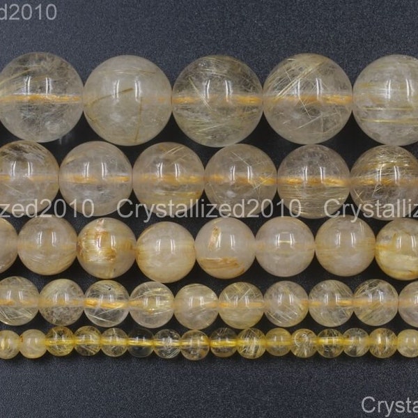 Natural Golden Rutilated Quartz Gemstone Loose Spacer Round Ball Beads 4mm 6mm 8mm 10mm 12mm 15.5" Strand