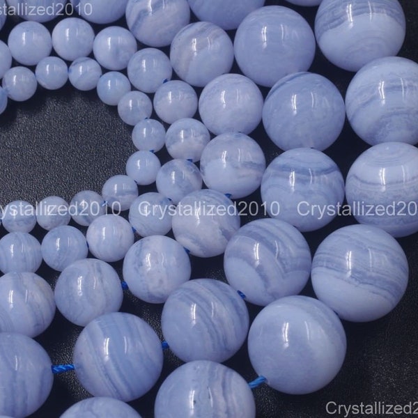 AAA, calcédoine naturelle, dentelle bleue, agate, pierres précieuses violettes, boules rondes, perles d'espacement 2 mm 3 mm 4 mm 6 mm 8 mm 10 mm 12 mm 14 mm 15,5 po.