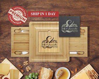 Personalized Cutting Board Set | Bamboo Cheese Boards with Engraved Monogram, Charcuterie Serving Platter